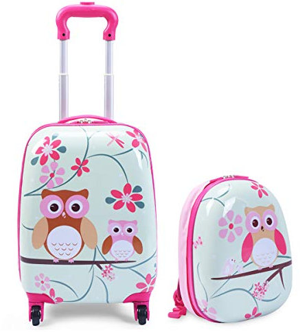 RELAX4LIFE Valise Enfant à roulettes 16 et Sac à Dos 12 en ABS, Valise Enfant Fille/Garçon pour Voyage, École, Jardin d’Enfant, Éléphant Coloré/Poulain Rose/Zoo Bleu (Hibou Blanc)