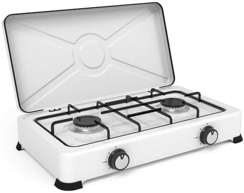 UNIVERSALBLUE | Hornillo de Gas Portátil | 2 Fuegos Blanco | Placa Cocina | Ideal para Camping, Picnic o Acampada