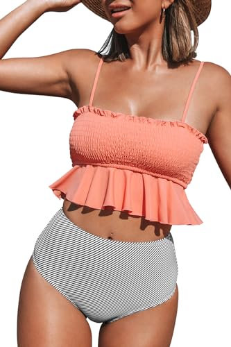CUPSHE Damen Bikini Set Gesmokter Bikini Bandeau Geraffte Bademode High Waist Zweiteiliger Badeanzug Pfirsich S
