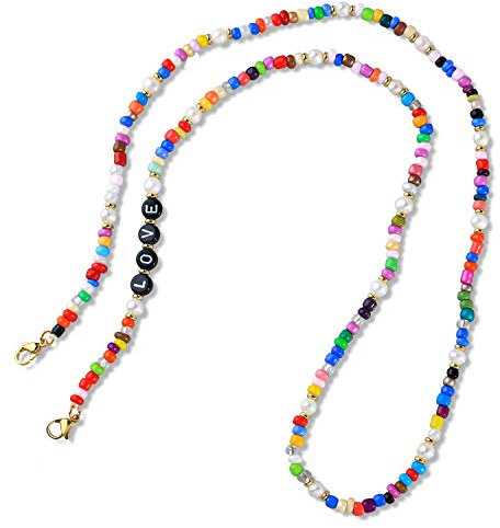 C·QUAN CHI Reis Perlen Perlenkette Regenbogen Farbe Gummi Halskette Charakteristische Buchstaben Halskette Gläser Kette Halskette Halter Maske Festes Seil 05B