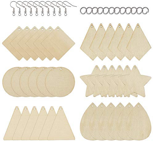 Beadthoven Lot de 60 pendentifs de boucles d'oreilles géométriques en bois brut 6 styles avec anneaux ouverts et crochets de boucles d'oreilles pour la fabrication de bijoux