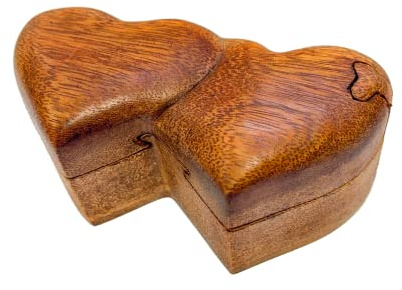 My Family House Double Heart Puzzle Treasure Trinket Box for Jewellery in Brown Wood - Hand Carved - 14x 9 cm
