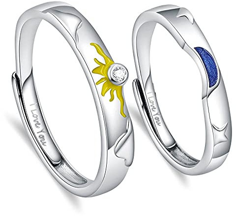 Bague de Fiançailles Homme Femme 2PCS Gravée I Love You, Anneau Réglable en Argent 925 avec Motif Soleil et Lune orné de Zirconium Scintillant Amour Éternel pour Anniversaire