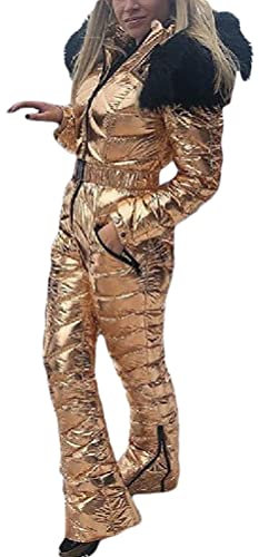Minetom Damen Einteiliger Skioverall Winter Warm Schnee Skifahren Sätze Outdoor Jumpsuit Langer Overall mit Kapuze Reißverschluss Skianzüge Wasserdicht Winddicht Schneeanzug A Gold M