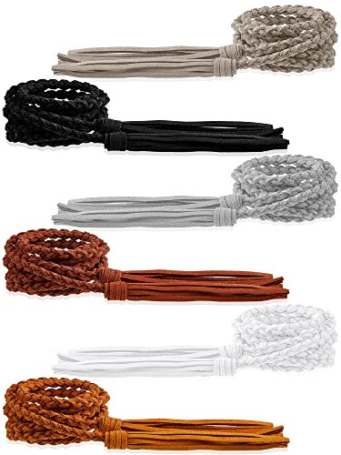 Geyoga 6 Pieces Women's Waist Belt Braided Woven Tassels Chain PU Leather Rope Skinny Tie Boho Fringe Belt for Skirt Dress, Black, Coffee, Brown, Khaki, White, Gray, Medium