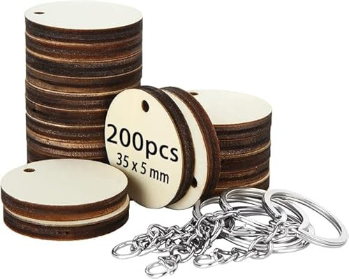 AKOLAFE 200 Stück 5mm Dick Runde Holzscheiben mit Loch 35mm Lang Baumscheiben Kleine Holzscheiben zum Basteln mit Schlüsselanhänger Holzplättchen Rund Natürlich Baumscheibe für DIY Geburtstag Hochzeit