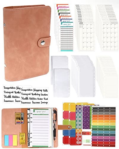 A6 Binder Budget Planner Notizbuch - 89pcs Leder Ringbuchordner Set, 6 Löcher Loseblatt Notebook Ordner Geld Sparen Mappe mit Budgetkarte/Kalender Karte/PVC Tasche/Refill Paper/Etikettenaufklebern