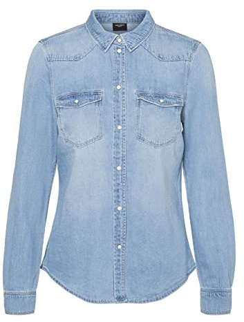 VERO MODA VMMARIA LS - Camiseta Ajustada para Mujer New Noos Blusa, Azul Claro Denim/Detalles: Punto de Abedul, L, Azul Claro. Detalles: Punto de Abedul, L