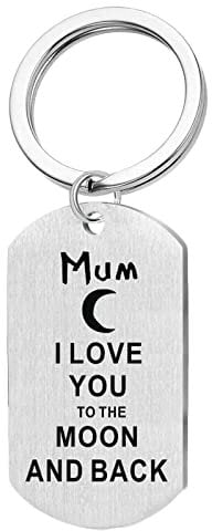 Lieson Schlüsselanhänger Mit Gravur, Schlüsselanhänger Damen Edelstahl Dog Tag mit Gravur Mum I LOVE YOU TO THE MOON AND BACK Schlüsselschilder Silber