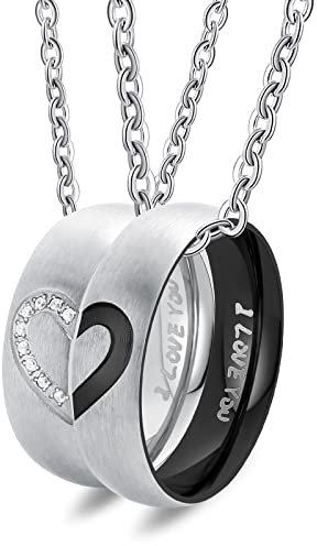 Skcess Schmuck Paar Halskette Edelstahl,Puzzle Herz Halskette Zirkon Ring mit Gravur I Love You Kette Damen Silber 50CM Kette Herren Schwarz 60CM