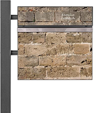 banjado® Standbriefkasten Anthrazit mit Namensschild Mauer Antik & Zeitungsfach/Briefkasten mit Standfuß in Anthrazit/Postkasten A4 Einwurf inkl. Montagematerial & 2 Schlüsseln