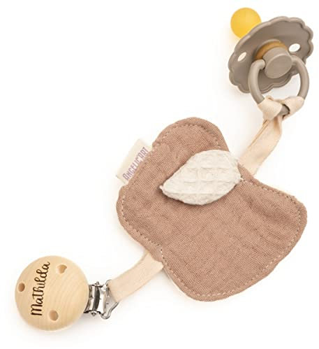 Schnullerhalter aus Musselin, Apfel aus Musselinstoff/Waffel/Baumwolle mit Befestigung für Nuckis mit Gravur (Natur, Creme)