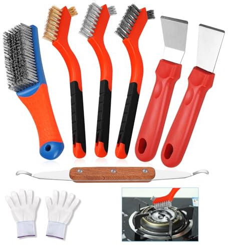 Wire Brush Set for Cleaning, 9 Pcs Deep Gas Stove Wire Brushes Set with Cooktop Scraper, Range Hood Scraper for Rust, Metal, Paint, Welding, Automotive, Tight Spaces