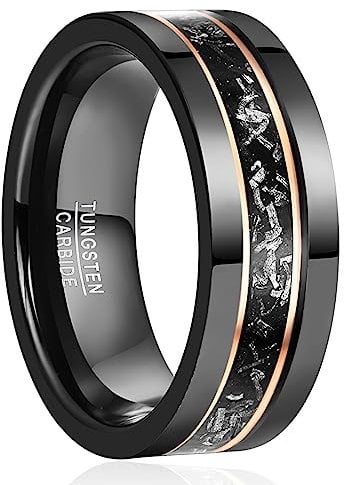 NUNCAD Men's Rings 8mm Tungsten Carbide Wedding Ring Black Band with Rose Gold Stripes and Imitated Meteorite Inlay Size S