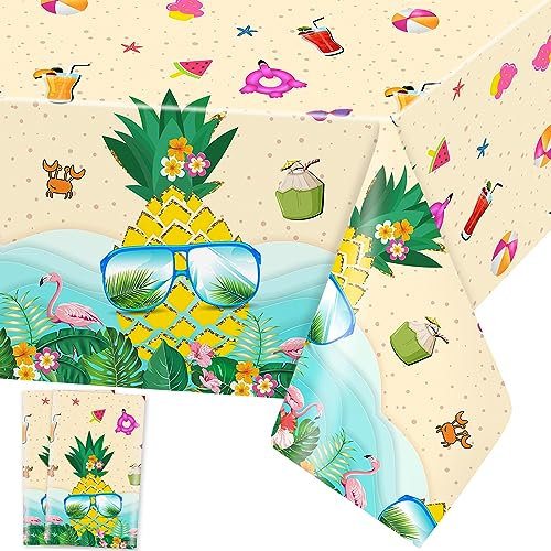 Hawaii Tischdecke Ananas Tischdecken Tropisches Luau Plastik Tischtuch Rechteckige Wasserdicht Flamingos Motiv Kinder Geburtstag Sommer Strand Party Dekoration, 137 x 274cm, 2 Stück