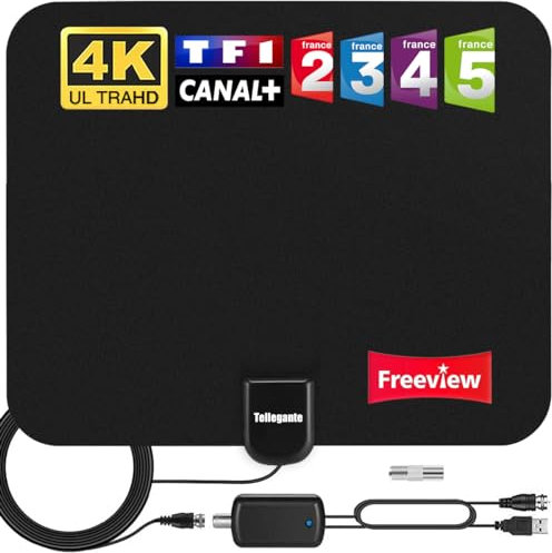2024 Nouvelle Antenne TV Intérieur Puissante TNT HD – Antenne HDTV avec Amplicateur de Signal Amélioré Jusqu’à 480 km- pour 1080P 4K Chaînes Télévision Gratuites – 5m de Câble Coaxial