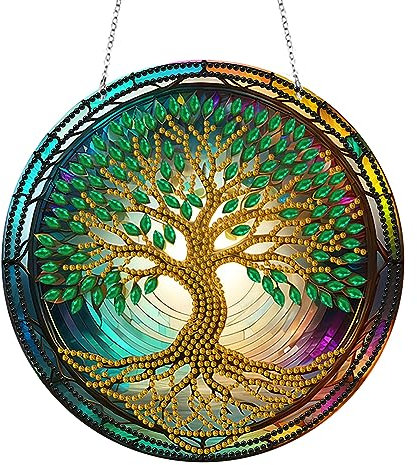 Starnearby Diamond Painting Décoration Suspendue Arbre de Vie Pendentif Peinture Diamant Ornement à Suspendre Vitrail Strass Forme Spéciale Bricolage Mosaïque Artisanat Décoration Cadeau