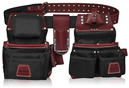 NUTUCH Nylon and Leather Tool Belt | Nylon Tool Pouch | Carpenter Tool Belt | Construction | Framers | Electrician Tool Belts | Drywall Tool Bags | Handyman | Electric, Red, One Size
