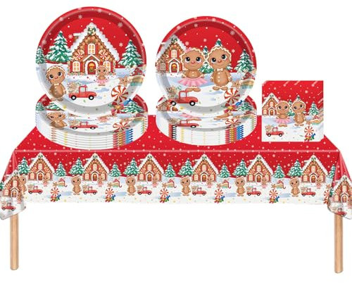 53Pcs Merry Gingerbread Man Tableware Set, Red Christmas Decorations, 7in Paper Plates & Napkins, 9in Plates for Picnic