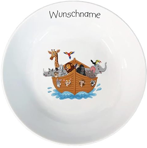 Doriantrade Kinder Müslischale Breischale Schale Porzellan Tiermotive personalisierbar mit Wunschname Name Kindergeschirr mit Namen personalisiert (Arche Noah)