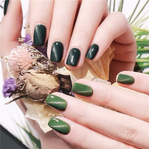 Shiny Forest Green Cat Eye Fake Nail Christmas Medium Square Press on Nails Tips for Women and Girls Nail Art Manicure 24pcs