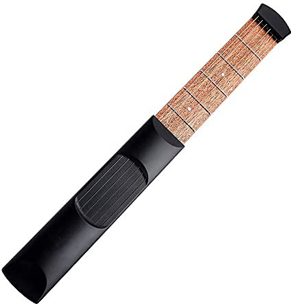 Fesjoy Guitarra de bolsillo de 6 cuerdas, modelo de 6 cuerdas, portátil para guitarra de bolsillo, cuello y acorde, herramienta de práctica de guitarra de madera Sapele para principiantes, color negro