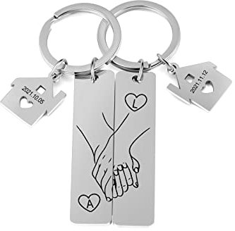 kaululu Porte Clef Personnalisable con Prenom Acier inoxydable 2Pcs Porte-clés Personnalisé Briefe Texte Gravé pour Femme Homme Cadeau pour Couple Elle Lui Cadeau Anniversaire