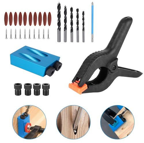Marstey Drill Jig Kit, Pocket Hole Jig Dowel Drill Joinery Kit,Joint Angle Tool Carpentry Locator with 10 Self Tapping Screws and 10 Plugs, Oblique Hole Positioner, for DIY & Wood Woodwork Guides