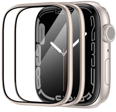 SWUU Displayschutzfolie aus gehärtetem Glas mit Metallrahmen, kompatibel mit Apple Watch SE2 SE Serie 6 5 4 44 mm, einfache Installation, Rahmen, wasserdichte Folie für iWatch 44 mm, Starlight, 2