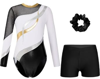 MSemis Gymnastikanzug Mädchen Turnanzug 3-teiliges Set Langarm Turnkleidung Tanzkostüm Gymnastikbody mit Kurze Hose Haarband Weiß schwarz 146-152