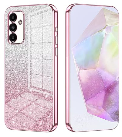 ILING Case for Samsung Galaxy A14 4G/5G, Ultra Thin Elegant Gradient Color Sparkling Back Design Electroplated Edging Soft Silicone TPU Shockproof Phone Case Girls Cover (Pink)