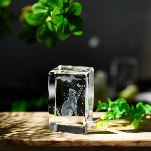 ZEERSHEE 3D Gravierte Katze Kristall Figur Glas Laser Mond Stern Katze Ornamente Quader Katze Briefbeschwerer Sammlerstück Andenken Geschenke für Katzenliebhaber Frauen Kinder Memorial für Katzen