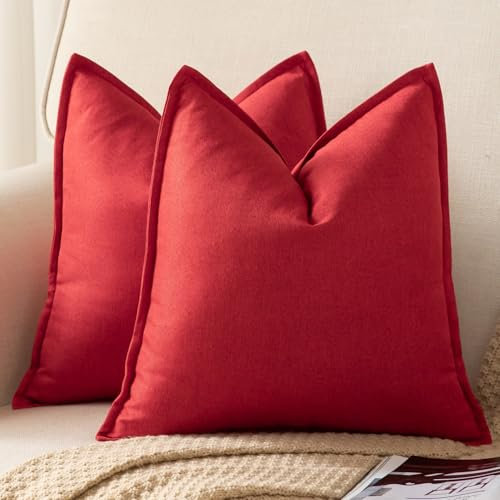 Yaertun 2er Set Leinen Reine Farbe dekorative Kissenbezug Moderne Kissenbezüge Schlafzimmer Sofa Wohnzimmer Dekokissen Bett Kissenhülle Sofakissen 60 x 60 cm Rot