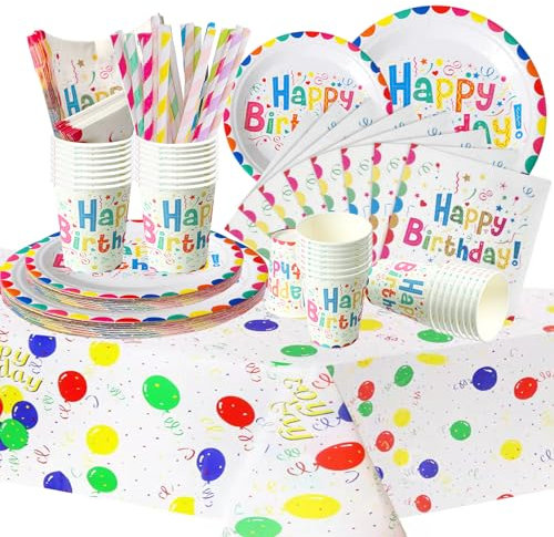 COLANANA Party Supplies, Party Tableware Set,Colourful Happy Birthday Decorations Contain Plates Tablecloth Cups Napkins Paper Straws for Baby Shower Birthday Wedding Partys Anniversary(16 Guests)