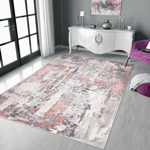 renoazul® Washable Turkish Style Jute Backed Mat, 160 x 230 cm, 5 ft 3 in x 7 ft 7 in, Abstract Pink, Turkish Unique Area Rugs for Living Room, Dining and Kids Room