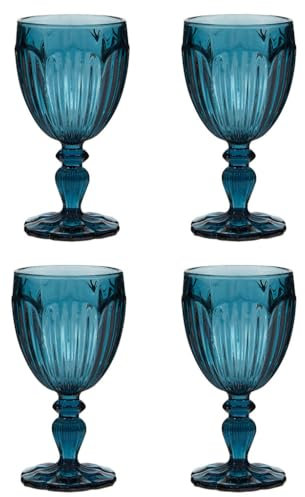 Dibor Wine Glass Set Embossed Wine Goblets with Sapphire Blue Finish 280ml Floral Design Dishwasher Safe Wine Glasses Short Stem Wine Goblet Daily Dining Glassware Set (4)