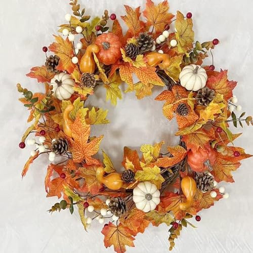 Artificial Fall Wreaths for Front Door Rustic Autumn Wreath with Pumpkin,Rose,Berry Branchesm,Mixed Leaves Thanksgiving Wreath Fall Door Wreath for Halloween Christmas Indoor Outdoor Decor