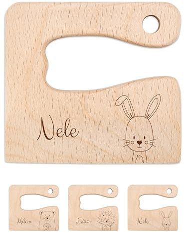 wunderwunsch® - Personalisiertes Montessori Kinder Messer mit Gravur - Sicheres Holz Baby Besteck mit abgerundeten Kanten - Geburtstag Baby Geschenk (Hase)