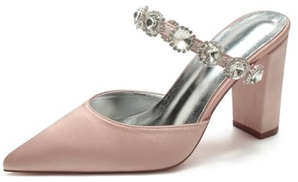 HFWXYSA Femmes Talon Carré Sandales De Mariage De Mariée Satin Talon Haut Bout Ouvert Slingback Mules AVCE Strass,Dusty Rose,38 EU