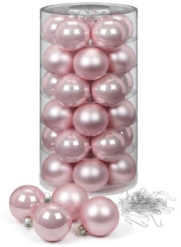 Inge Glas Weihnachtskugeln mit Haken | Schöne Christbaumkugeln aus Glas | Set 30 Kugeln und 40 Aufhänger | Christbaumschmuck Weihnachtsbaumkugeln (Lovely Magnolia | rosa)