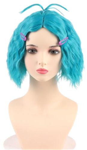 COSPLAZA Kurze grün-blaue Perücke für Damen gewellte lockige Perücken Anime Cosplay Kostüm Perücke Middle Parted Neid Envy Wig
