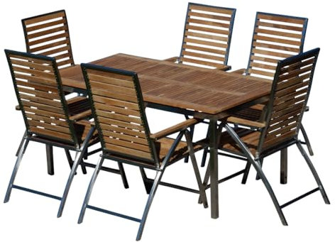 ALEOS. Gartengarnitur Edelstahl Teak Set: Tisch 160x90 cm + 6 Teak-Edelstahl Hochlehner, Sitzgruppe A-Grade Teak Holz - Gartenmöbel Set 6 Personen Gastronomie Qualität