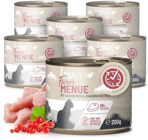 ReaVET Premium Katzenfutter nass mit Kaninchen & Johannisbeeren 6 x 200g I Getreidefrei aus hochwertigem Fleisch I Katzennassfutter ohne Zucker, Nassfutter für ausgewachsene Katzen