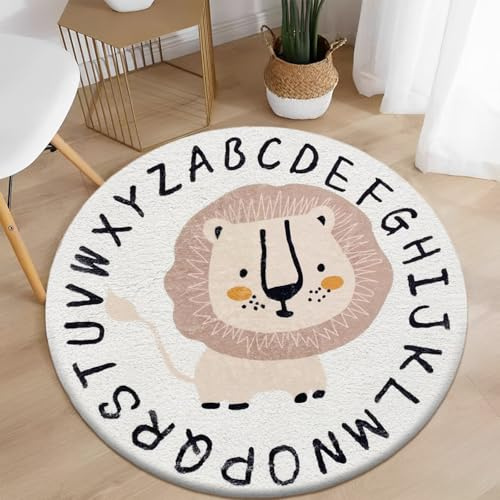 AIMECO Kinderteppich Rund 160CM Weicher Kuscheliger Carpet Wohnzimmer Teppichen Mädchen Schlafzimmer Kinderzimmer Dünn Pflegeleicht Teppiche Motiv Löwe