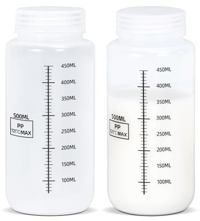 UMETASS Bottiglie in polipropilene con scala – Qualità laboratorio a bocca larga per liquidi, con coperchio sigillante, resistenti agli agenti chimici (colore trasparente, 500 ml)