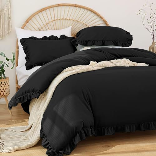 Covebett Rüschen Bettwäsche 135x200 4teilig Schwarz Uni Romantische Rüschenbettwäsche Set Einzelbett Weich Bettbezug Mikrofaser 2 Deckenbezug mit 2 Kissenbezug 80x80 cm Reißverschluss