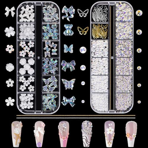 Nail Art Rhinestones and Pearls,2 Boxes Butterfly Bowknot Flower Nail Charms,Aurora Bear 3D Nail Art Decorations for Manicure Design DIY Crafting Party Daily Wedding