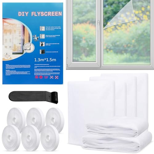 6 Stück Fliegengitter Fenster, Insektenschutz Fenster 130x150cm, Fliegennetz Fenster, Moskitonetz Fenster, mit Klettband Selbstklebend, Schützen die Familie vor Insekten (Weiß)