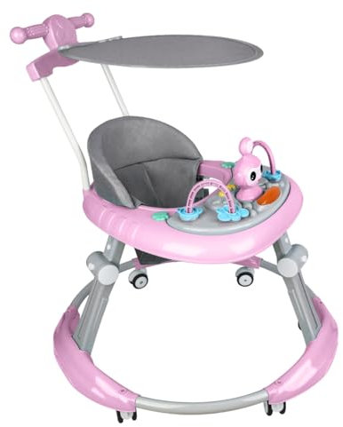 Trotteur pour Bébé avec Auvent et Boîte à Musique, Trotteur Pliable, Réglable en Hauteur sur 5 Niveaux, avec Repose-pieds (67 * 67 * 79cm Rose)