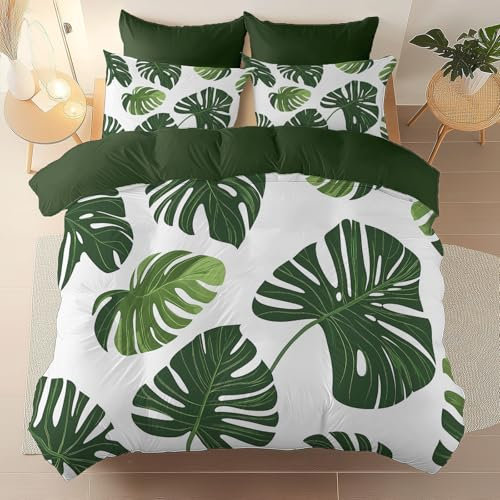 Funda nórdica Estampada Simple Hojas Hojas de Monstera, 180 x 221 cm Ropa de Cama de Microfibra cepillada, con Cremallera Lavable en la Lavadora, Apto para Todas Las Estaciones Verde